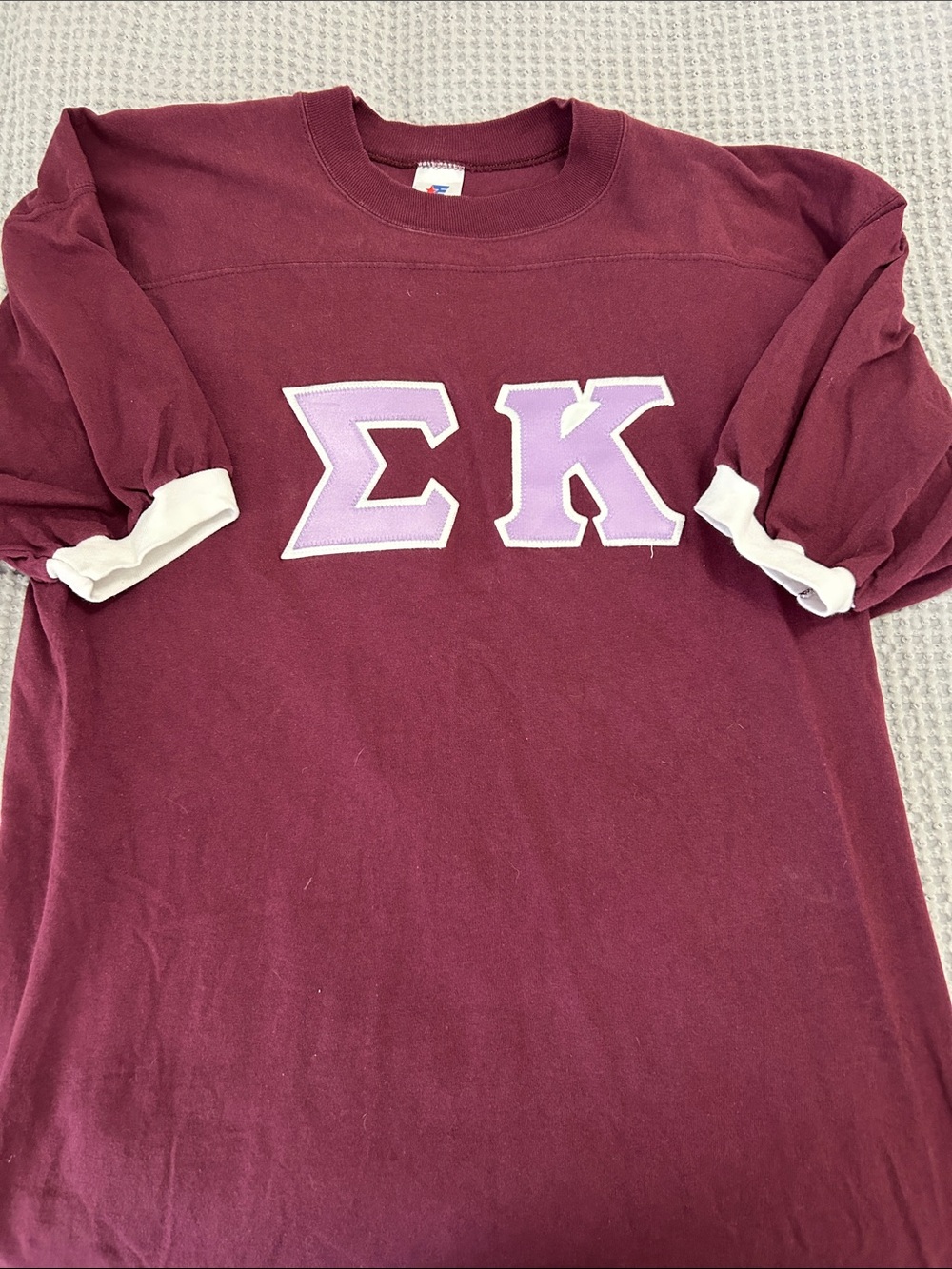 Women’s Maroon Sigma Kappa Greek Letter Tee with Lavender Applique